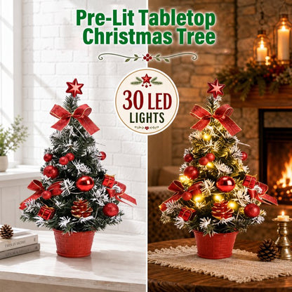 3 Pack Pre-lit Mini Christmas Tree, 16inch Snowy Flocked Tabletop Small Artificial Christmas Tree with 30 LED Lights, Berries Ball Ornaments, Perfect for Home Kitchen Desk Holiday Xmas Decorations