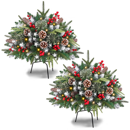 2 Pack 24" Lighted Pathway Christmas Tree Outdoor Urn Filler, Artificial Xmas Pine Trees with Tripod Stake, Battery Powered LED Lights, Snowy Pinecone Berries Decorations for Porch, Driveway, Yard