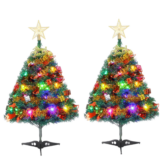 [2 Pack] 2ft Tabletop Xmas Tree with Multi-Color LED String Lights Artificial Small Christmas Tree with Pine Cones Christmas Balls Ornaments, 24 inch Mini Christmas Tree for Holiday Party Xmas Decor