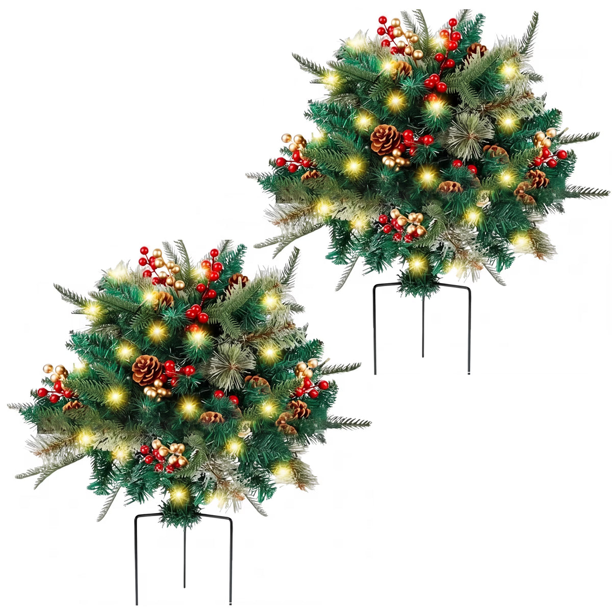 2 Pack Pathway Christmas Tree, Battery Operated Pre-Lit Artificial Small Xmas Tree Urn Filler w/LED Lights Berries and Pine Cones Ornaments for Porch, Driveway, Yard Festival Holiday Decorations