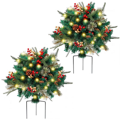 2 Pack Pathway Christmas Tree, Battery Operated Pre-Lit Artificial Small Xmas Tree Urn Filler w/LED Lights Berries and Pine Cones Ornaments for Porch, Driveway, Yard Festival Holiday Decorations