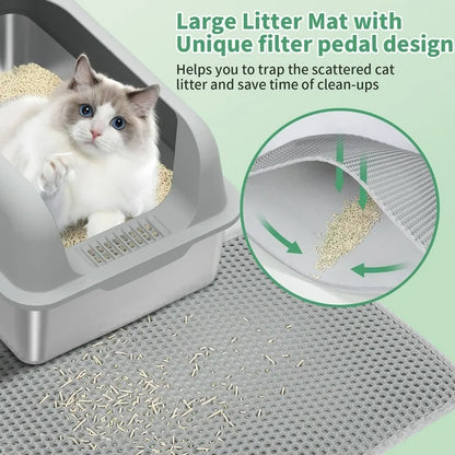 ZAQW Large Stainless Steel Cat Litter Box, Scoop, and Mat Set - Odor, Stain, and Rust Resistant w/ Easy Cleaning Tray