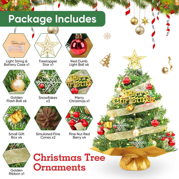 24 inch Tabletop Christmas Tree with LED String Lights/Red Berries Pine Cones, Pre-Lit Mini Christmas Tree w/ 30 DIY Ornaments, 2ft Small Artificial Xmas Tree for Holiday Indoor Christmas Decoration
