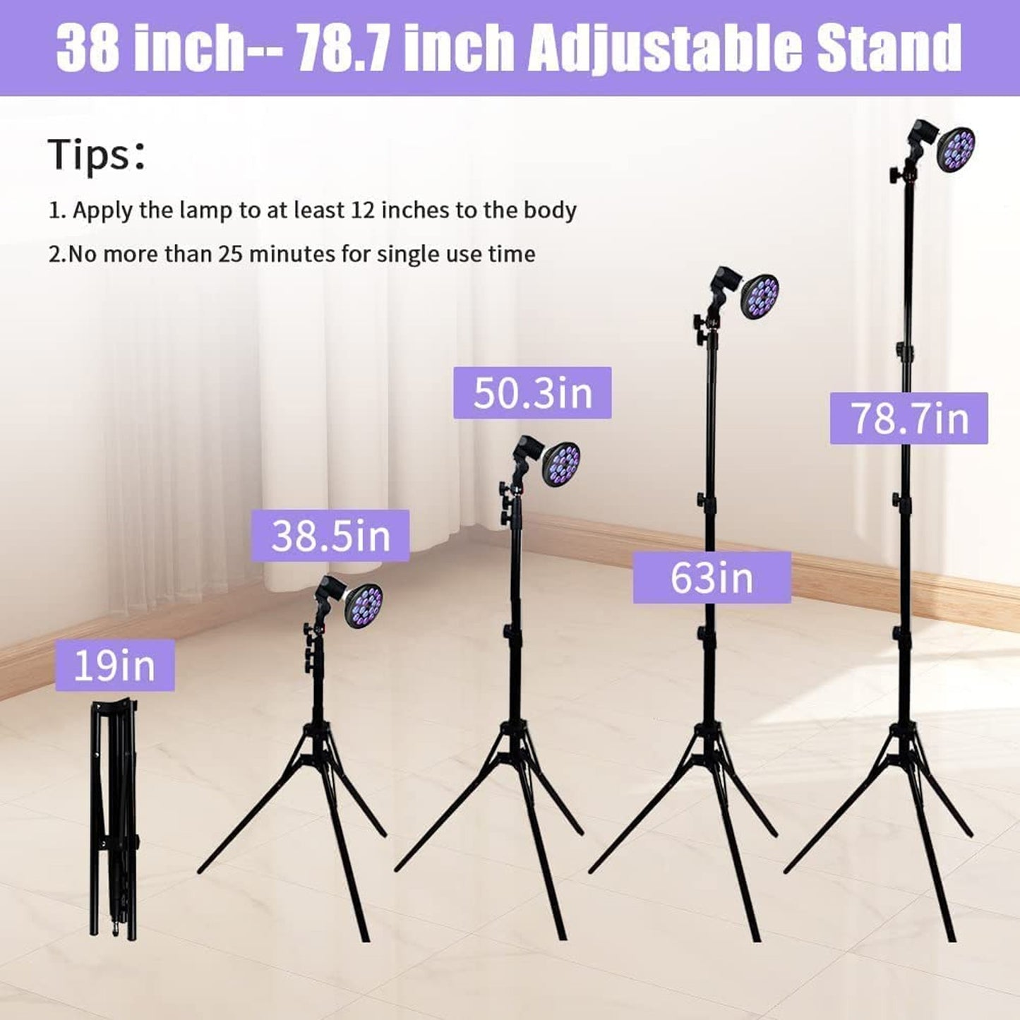 Tanning Lamp 54W 460nm Sun Lamp Adjustable Stand 38"-79" Skin Tanning Light Purple Light Bronzer with Tripod Stand for Face Body