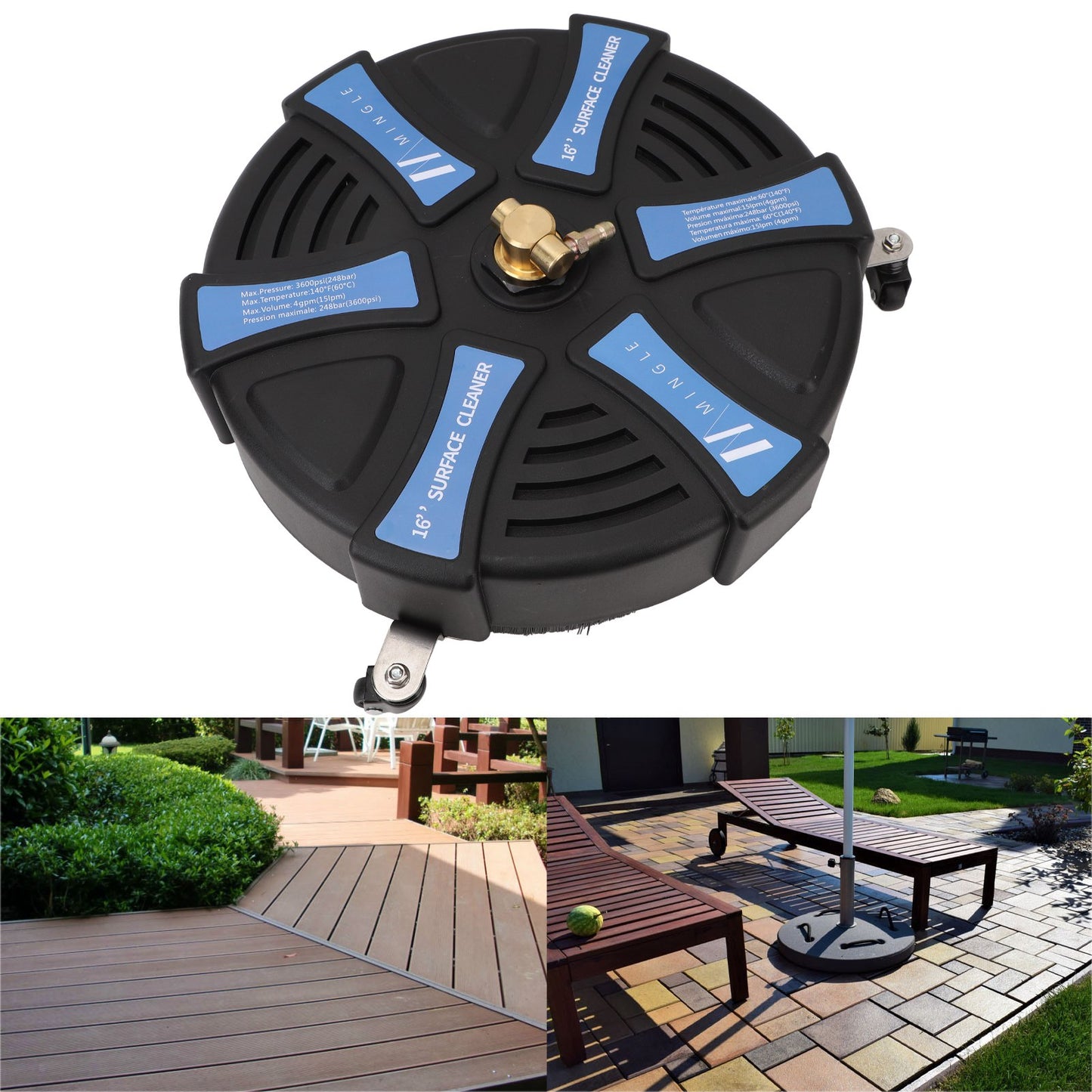 16" Pressure Washer Surface Cleaner, Stainless Steel, 3600 PSI With 1/4 Inch Quick Connector 2 Extension Wands