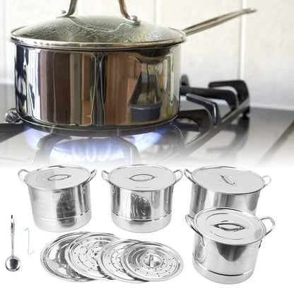 14 Piece Stainless Steel Stock Pot Set, Contains 4 Stockpots And 8 Lids with 1 x Spoon 1 x Hook