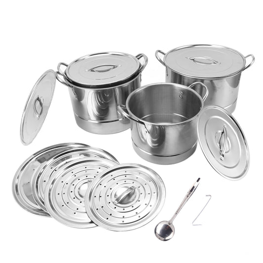 14 Piece Stainless Steel Stock Pot Set, Contains 4 Stockpots And 8 Lids with 1 x Spoon 1 x Hook