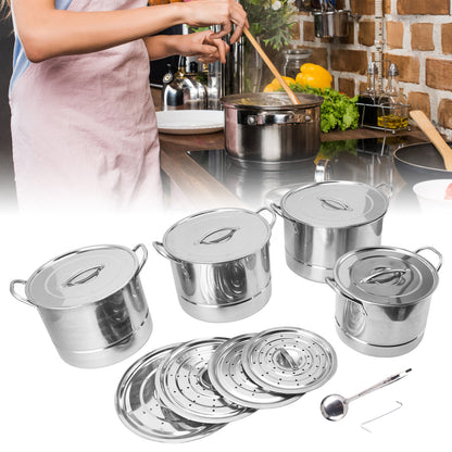 14 Piece Stainless Steel Stock Pot Set, Contains 4 Stockpots And 8 Lids with 1 x Spoon 1 x Hook