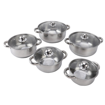 Stainless Steel Pots Sets 10-Piece, Kitchen Cookware Set Saucepan With Glass Lid Stockpot Soup Pot With 2 Ear Handle For Cooking Dishwasher Safe, Silver