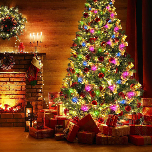 Christmas Ribbon Lights 32.8ft/10m 100 LED Lights Christmas Tree Xmas Lights Battery Operated Copper Wire Ribbon Bows Fairy String Lights for New Year Party Weddings Christmas Tree,Multicolor Light