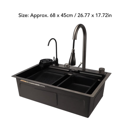 Waterfall Kitchen Sink, 26.77" Single Bowl Drop In Kitchen Sink with Pull-Out Faucet, Thickened Stainless Steel Digital Display Kitchen Sink