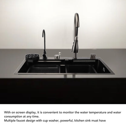 Waterfall Kitchen Sink, 26.77" Single Bowl Drop In Kitchen Sink with Pull-Out Faucet, Thickened Stainless Steel Digital Display Kitchen Sink