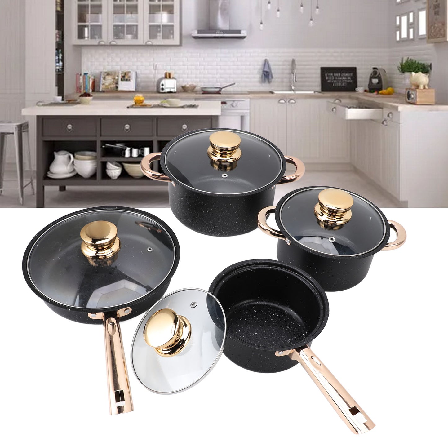 Pots And Pans Set Non Stick, 8 Pcs Kitchen Cookware Sets, Nonstick Cookware Set, With Gold Handles, RV Cookware Set, Oven Safe, Black
