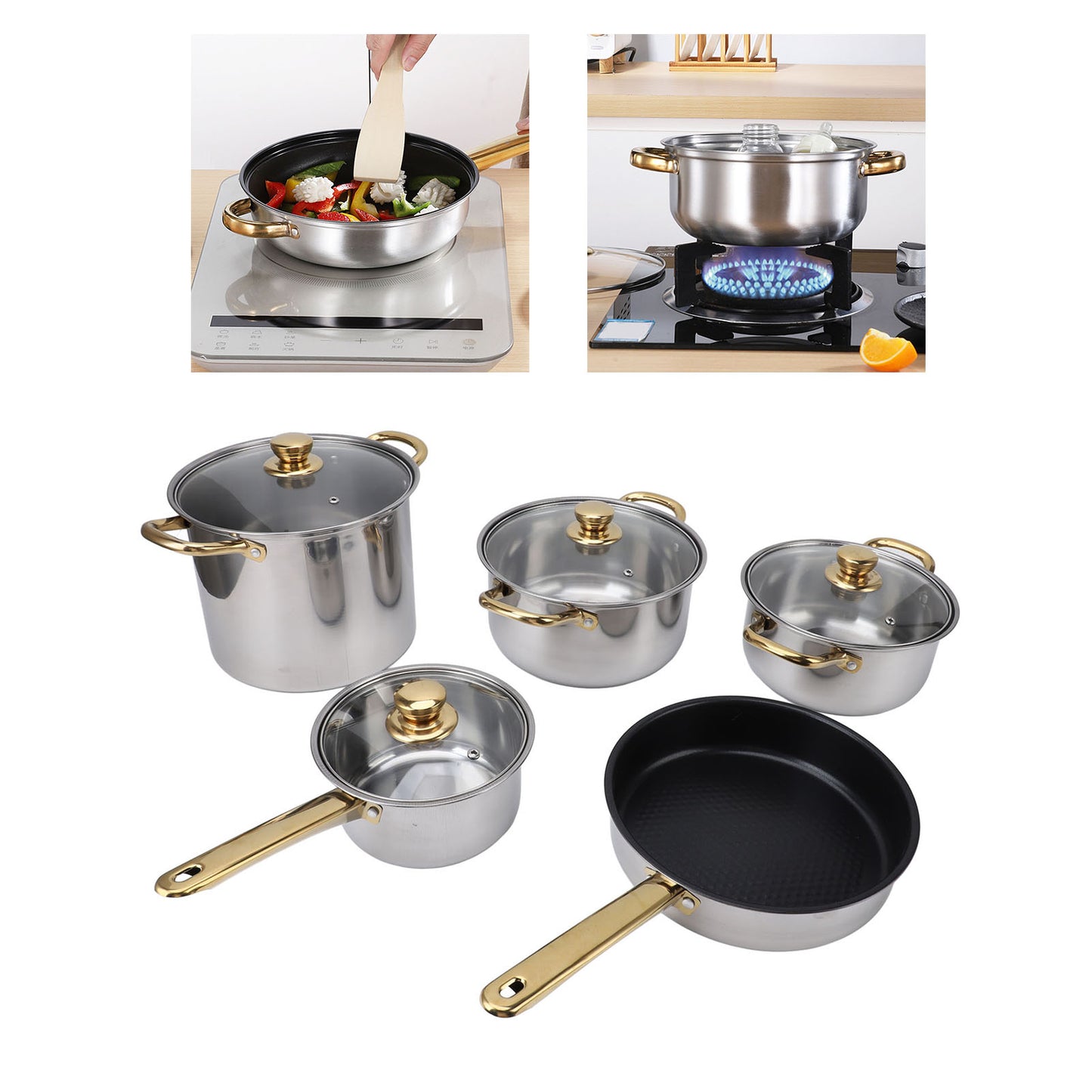 Stainless Steel Cookware Set, 9 Pcs Nonstick Cookware Set, Kitchen Pots And Pans Set With Glass Lid For Cooking, Dishwasher Safe, Golden