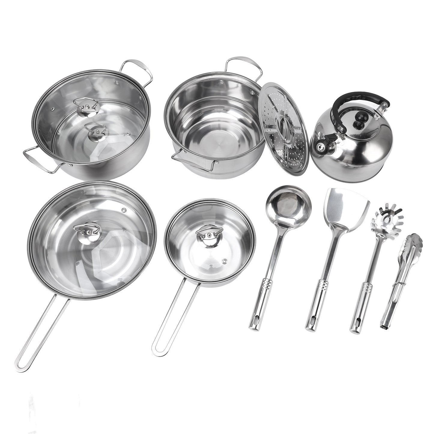 Stainless Steel Cookware Set, 14 Piece Nonstick Cookware Set, Kitchen Pots And Pans Set With Glass Lid For Cooking, Dishwasher Safe, Silver