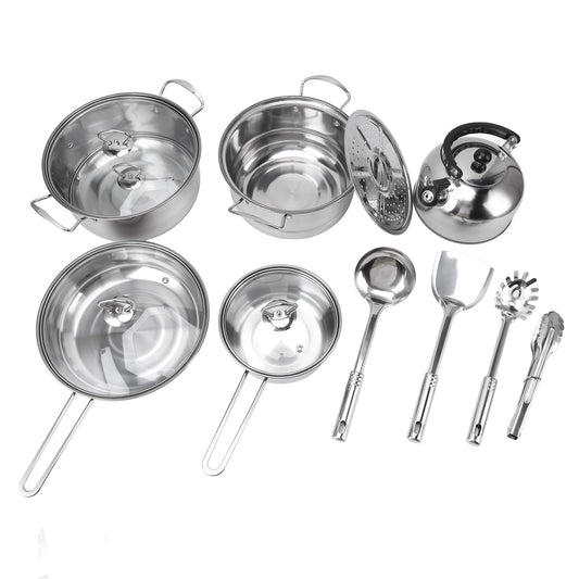 Stainless Steel Cookware Set, 14 Piece Nonstick Cookware Set, Kitchen Pots And Pans Set With Glass Lid For Cooking, Dishwasher Safe, Silver