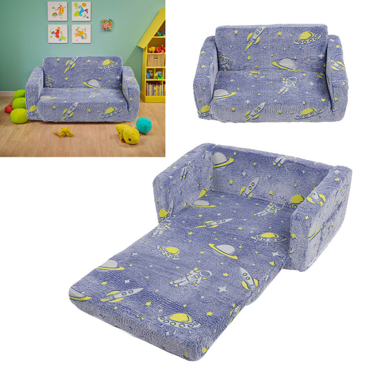 Toddler Couch, Toddler Chair Folding, Kids Couch 2 In 1, Kids Sofa for Playroom-Extra Soft 2 Seats, Glow In The Dark Open Couch, Gifts For Kids, Sleeper For Girls Boys,Blue