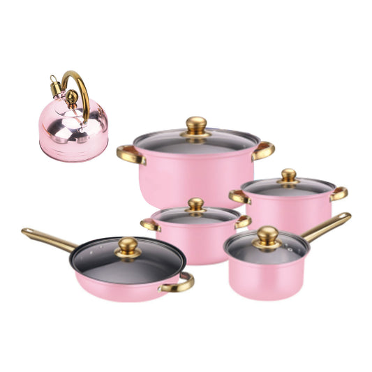 12 Piece Stainless Steel Cookware Set, Nonstick Cookware Set, Kitchen Pots and Pans Tea Kettle Set with Glass Lid for Cooking, Dishwasher, Pink