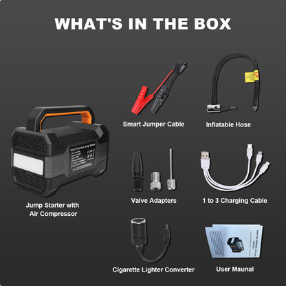 Car Jump Starter With Air Compressor,5000A Paek 20000mAh Car Battery For All Gas/12L Diesel Engine, 12V Jump Box Battery Jumper With 150 PSI Tire Inflator Air Pump & LED Light