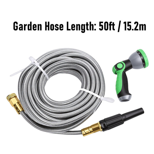 50ft Garden Hose, Metal Stainless Steel Water Hose with 10 Functional Nozzles & 3/4 inch Brass Fittings, Flexible, No-Kink, Puncture Proof, Heavy Duty Water Pipe for Yard, Outdoor