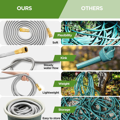 50ft Garden Hose, Metal Stainless Steel Water Hose with 10 Functional Nozzles & 3/4 inch Brass Fittings, Flexible, No-Kink, Puncture Proof, Heavy Duty Water Pipe for Yard, Outdoor
