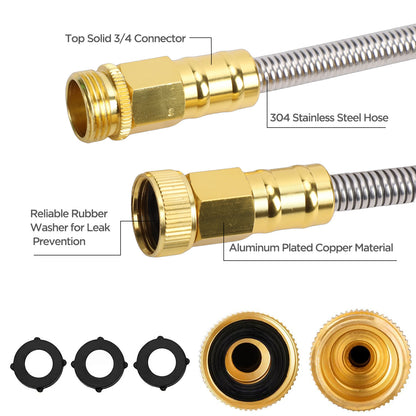 50ft Garden Hose, Metal Stainless Steel Water Hose with 10 Functional Nozzles & 3/4 inch Brass Fittings, Flexible, No-Kink, Puncture Proof, Heavy Duty Water Pipe for Yard, Outdoor