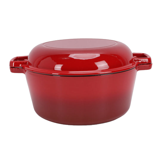 Tebru 2-in-1 Pre-Seasoned Cast Iron Double Dutch Oven with Lid - Dual Handles - Enameled Cast Iron Pot Cookware - Use in the Oven, on the Stove, on the Grill or over the Campfire - Red, 5QT