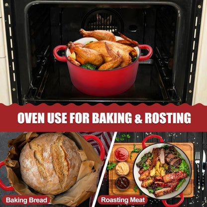 Tebru 2-in-1 Pre-Seasoned Cast Iron Double Dutch Oven with Lid - Dual Handles - Enameled Cast Iron Pot Cookware - Use in the Oven, on the Stove, on the Grill or over the Campfire - Red, 5QT