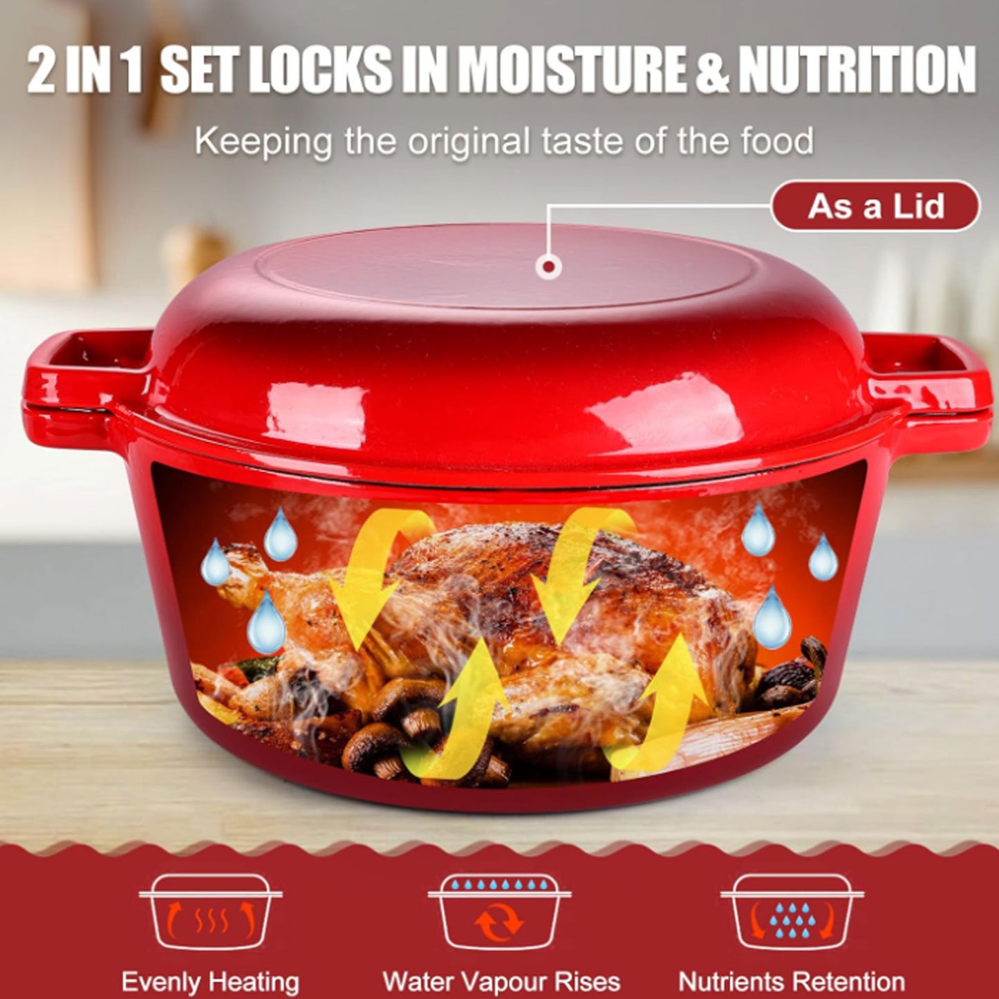 Tebru 2-in-1 Pre-Seasoned Cast Iron Double Dutch Oven with Lid - Dual Handles - Enameled Cast Iron Pot Cookware - Use in the Oven, on the Stove, on the Grill or over the Campfire - Red, 5QT