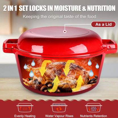 Tebru 2-in-1 Pre-Seasoned Cast Iron Double Dutch Oven with Lid - Dual Handles - Enameled Cast Iron Pot Cookware - Use in the Oven, on the Stove, on the Grill or over the Campfire - Red, 5QT