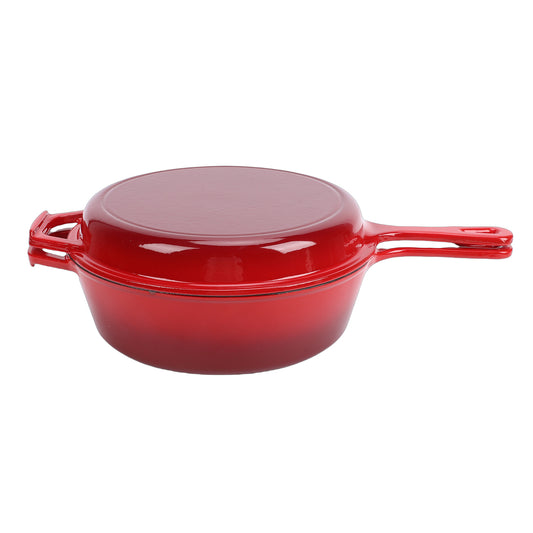 6 Quart 2 in 1 Cast Iron Dutch Oven Pot with Skillet Lid, 4+2qt Enamel Dutch Oven Dual Handle, Pre-Seasoned Heavy Duty All-in-One Cookware, Red