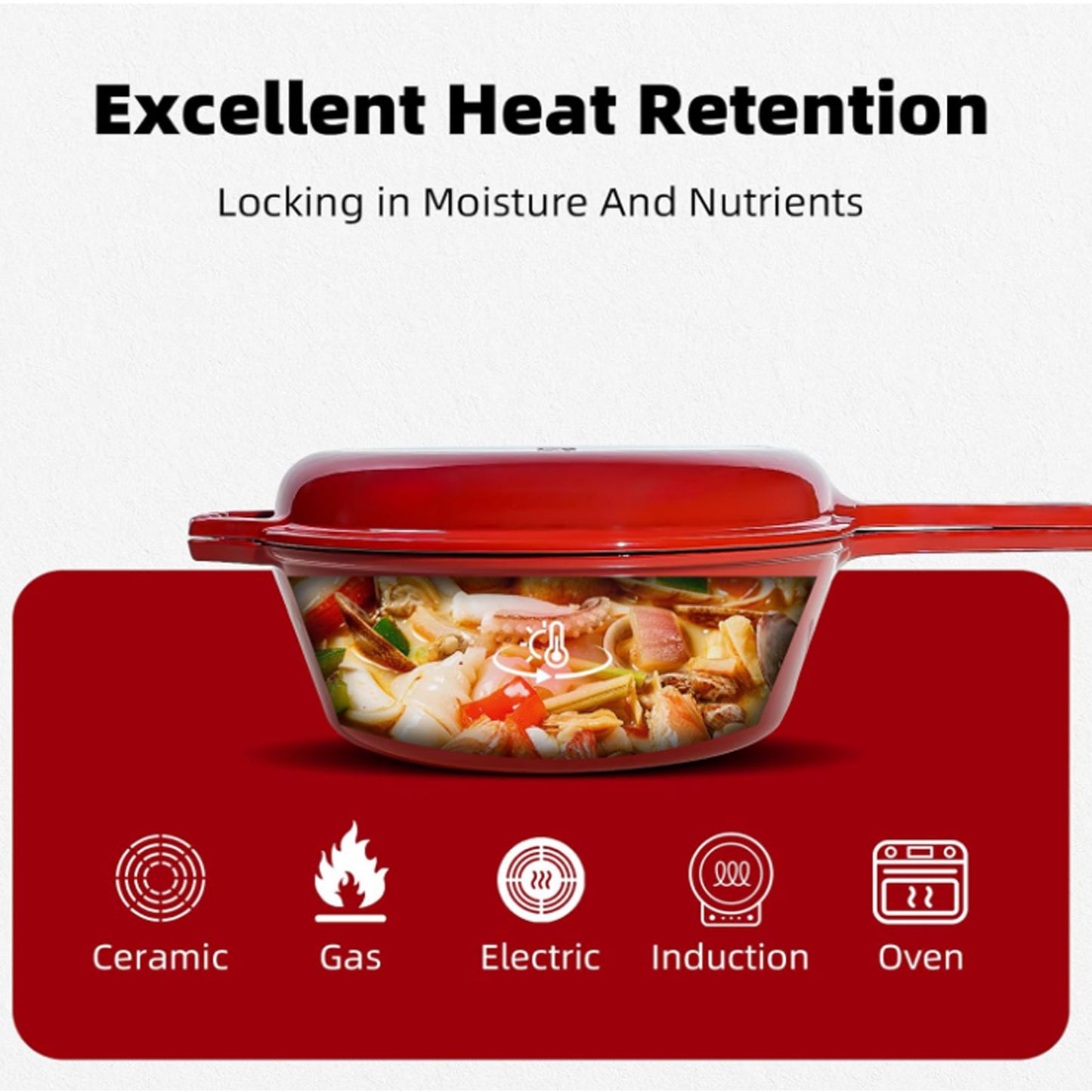 6 Quart 2 in 1 Cast Iron Dutch Oven Pot with Skillet Lid, 4+2qt Enamel Dutch Oven Dual Handle, Pre-Seasoned Heavy Duty All-in-One Cookware, Red
