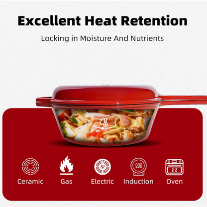 6 Quart 2 in 1 Cast Iron Dutch Oven Pot with Skillet Lid, 4+2qt Enamel Dutch Oven Dual Handle, Pre-Seasoned Heavy Duty All-in-One Cookware, Red