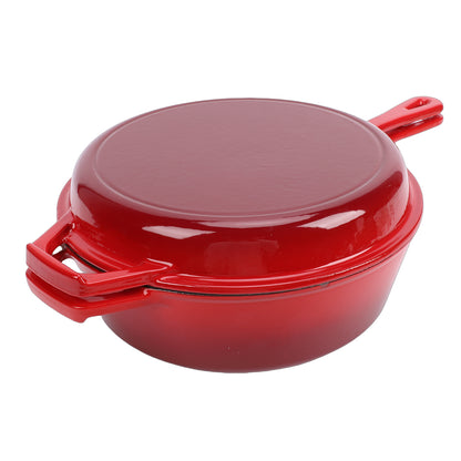 6 Quart 2 in 1 Cast Iron Dutch Oven Pot with Skillet Lid, 4+2qt Enamel Dutch Oven Dual Handle, Pre-Seasoned Heavy Duty All-in-One Cookware, Red