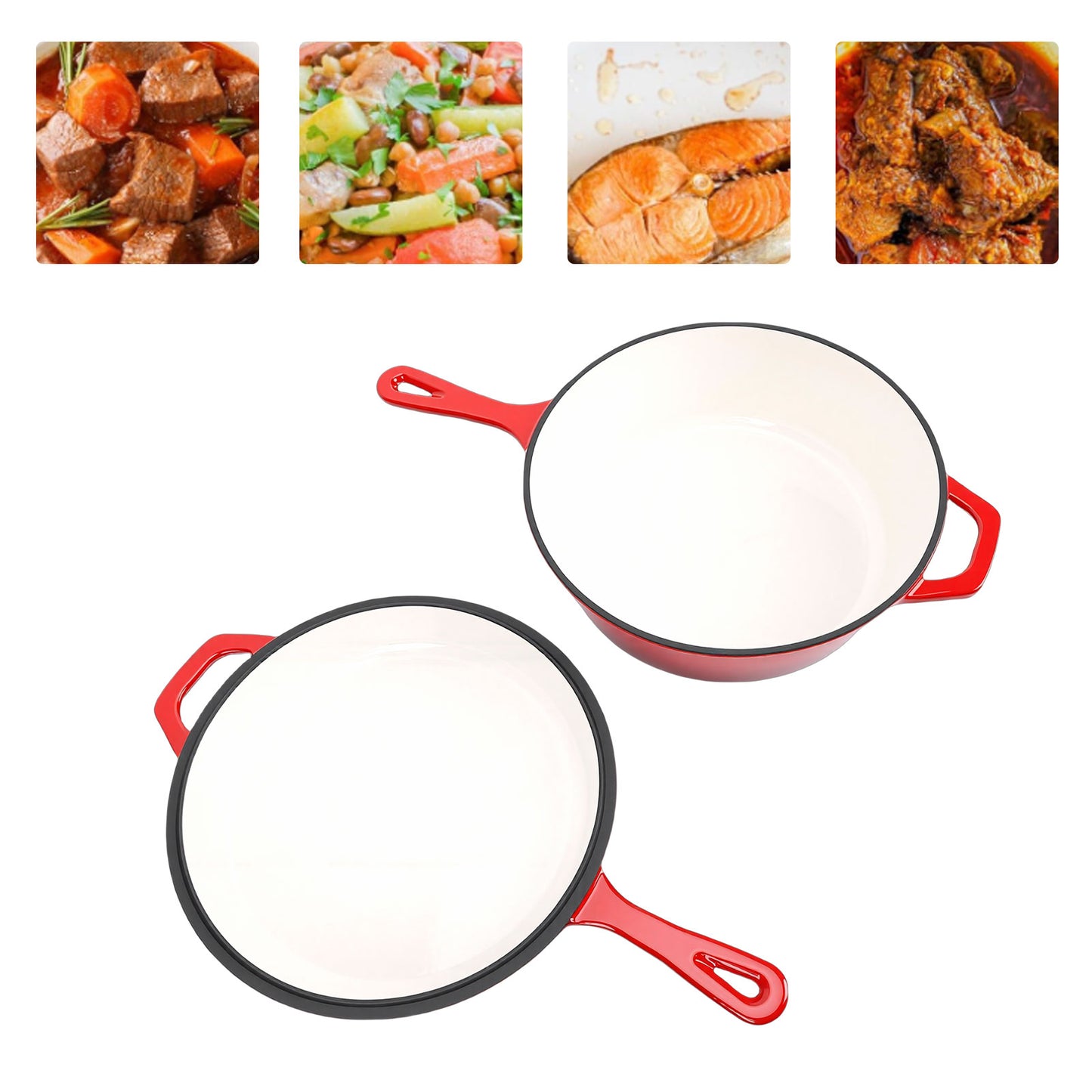 6 Quart 2 in 1 Cast Iron Dutch Oven Pot with Skillet Lid, 4+2qt Enamel Dutch Oven Dual Handle, Pre-Seasoned Heavy Duty All-in-One Cookware, Red