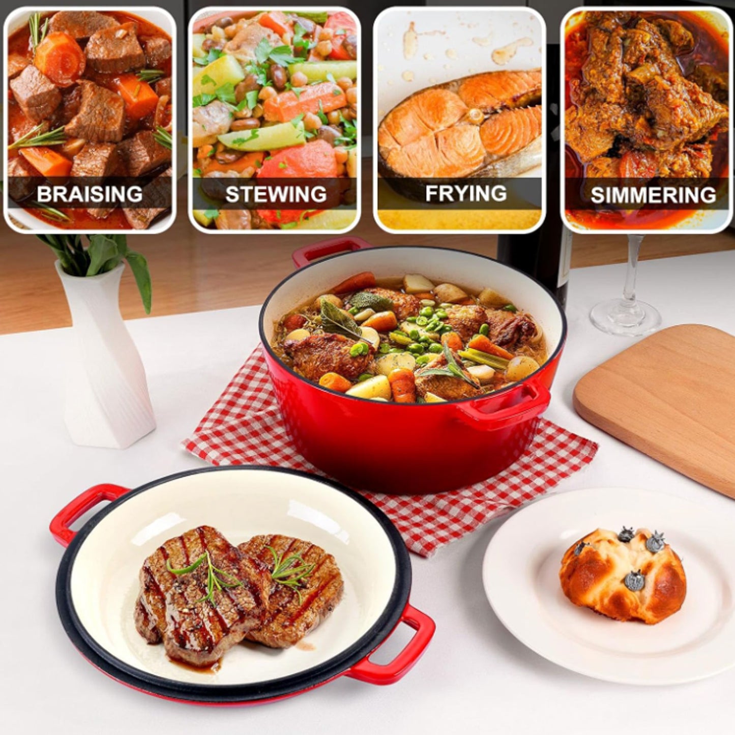 Tebru 2-in-1 Pre-Seasoned Cast Iron Double Dutch Oven with Lid - Dual Handles - Enameled Cast Iron Pot Cookware - Use in the Oven, on the Stove, on the Grill or over the Campfire - Red, 5QT