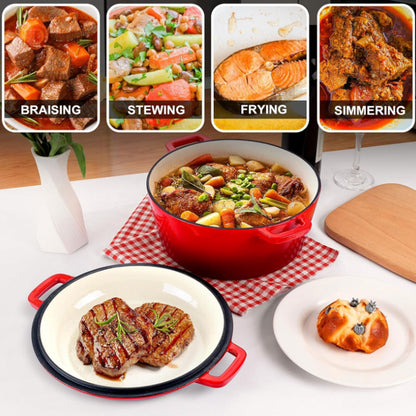 Tebru 2-in-1 Pre-Seasoned Cast Iron Double Dutch Oven with Lid - Dual Handles - Enameled Cast Iron Pot Cookware - Use in the Oven, on the Stove, on the Grill or over the Campfire - Red, 5QT