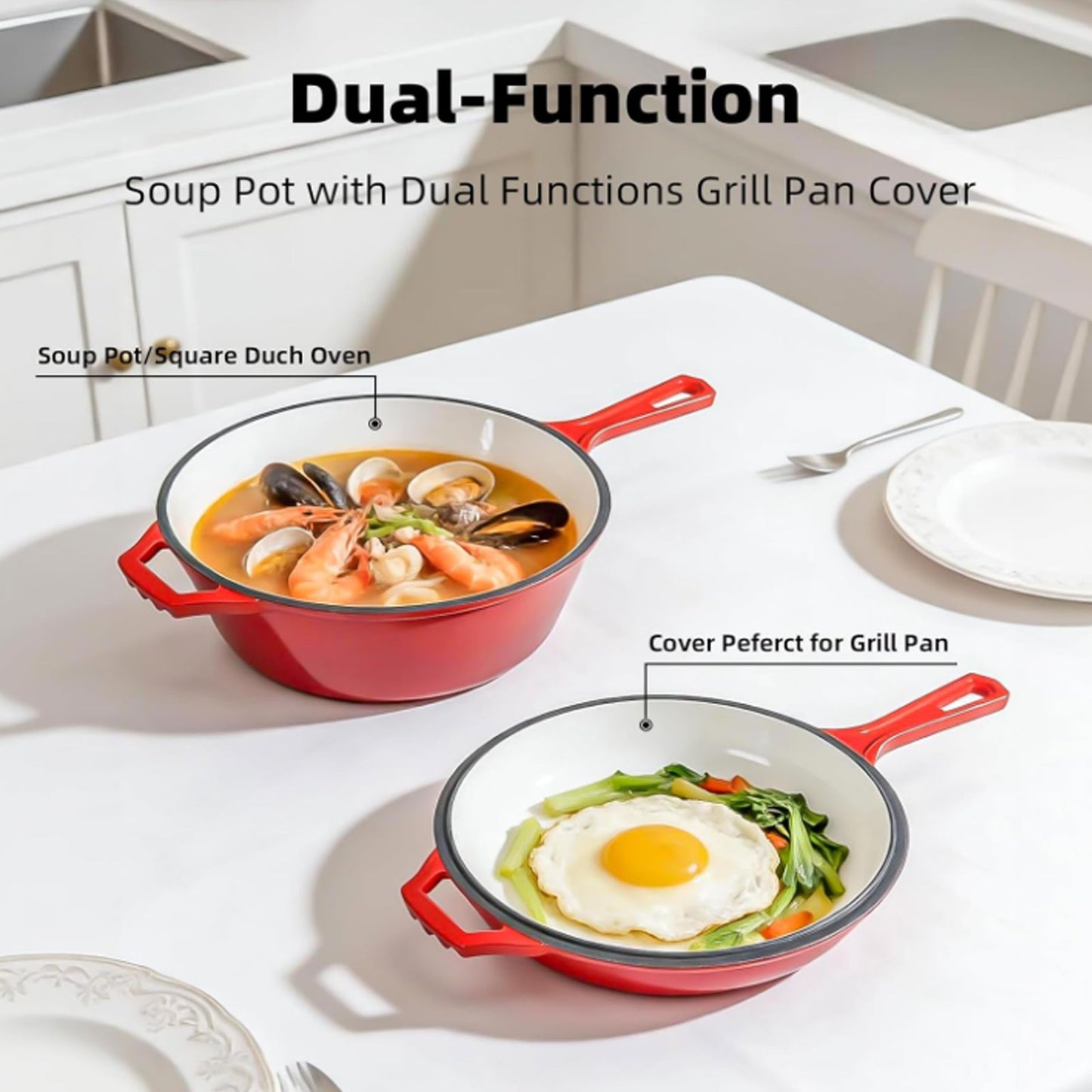 6 Quart 2 in 1 Cast Iron Dutch Oven Pot with Skillet Lid, 4+2qt Enamel Dutch Oven Dual Handle, Pre-Seasoned Heavy Duty All-in-One Cookware, Red