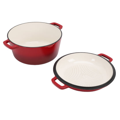 Tebru 2-in-1 Pre-Seasoned Cast Iron Double Dutch Oven with Lid - Dual Handles - Enameled Cast Iron Pot Cookware - Use in the Oven, on the Stove, on the Grill or over the Campfire - Red, 5QT