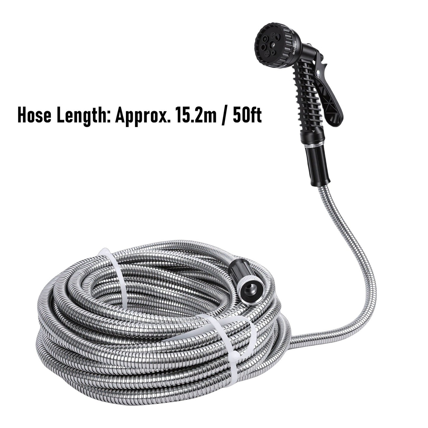 50 FT Garden Hose ,304 Stainless Steel Heavy Duty Water Hose with 7 Function Nozzles No-Kink Rust Proof for Yard Outdoor