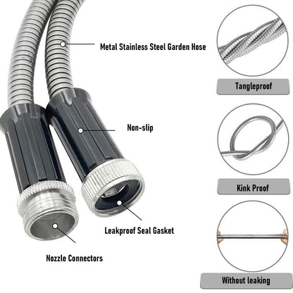 50 FT Garden Hose ,304 Stainless Steel Heavy Duty Water Hose with 7 Function Nozzles No-Kink Rust Proof for Yard Outdoor
