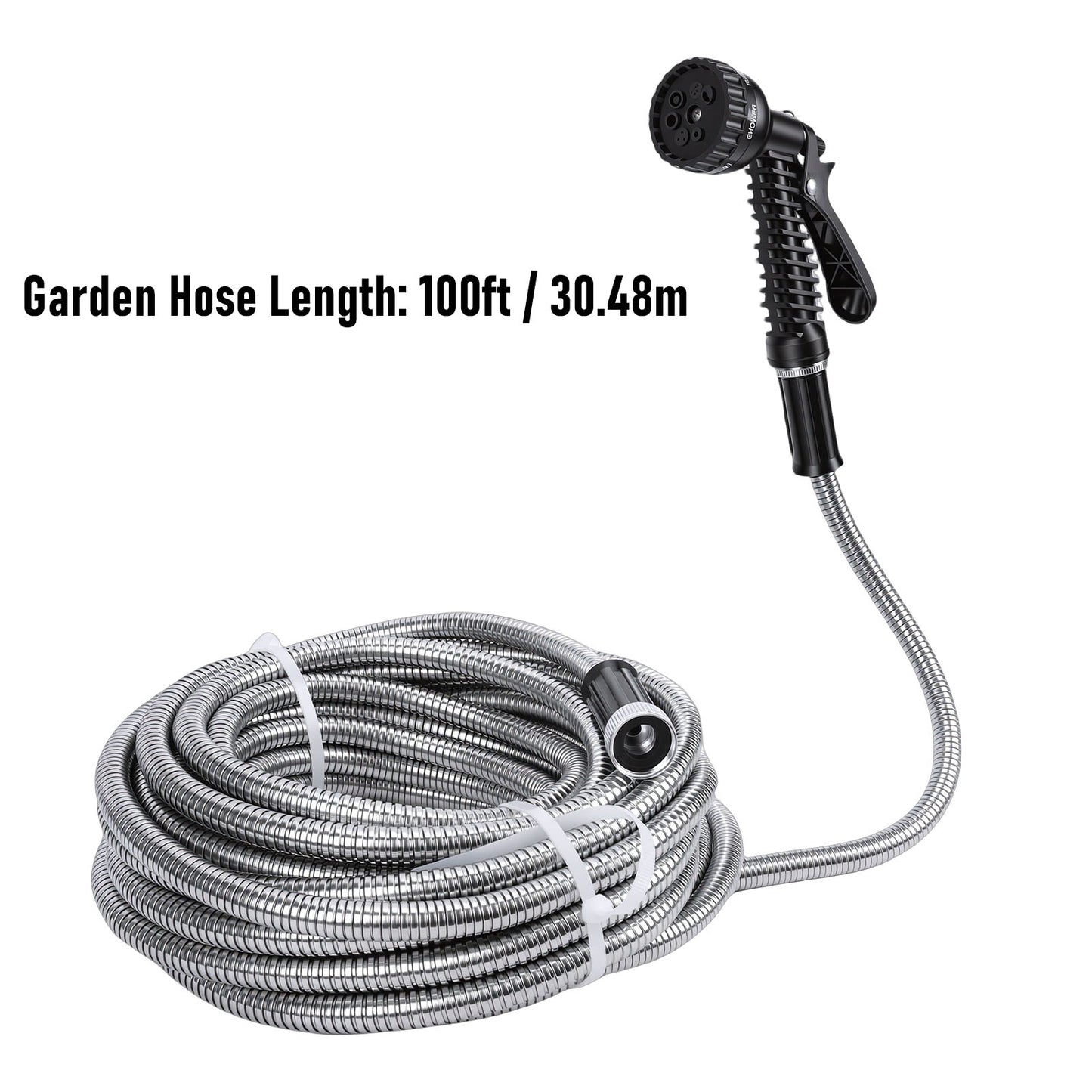 100 FT Garden Hose ,304 Stainless Steel Heavy Duty Water Hose with 7 Function Nozzles No-Kink Rust Proof for Yard Outdoor
