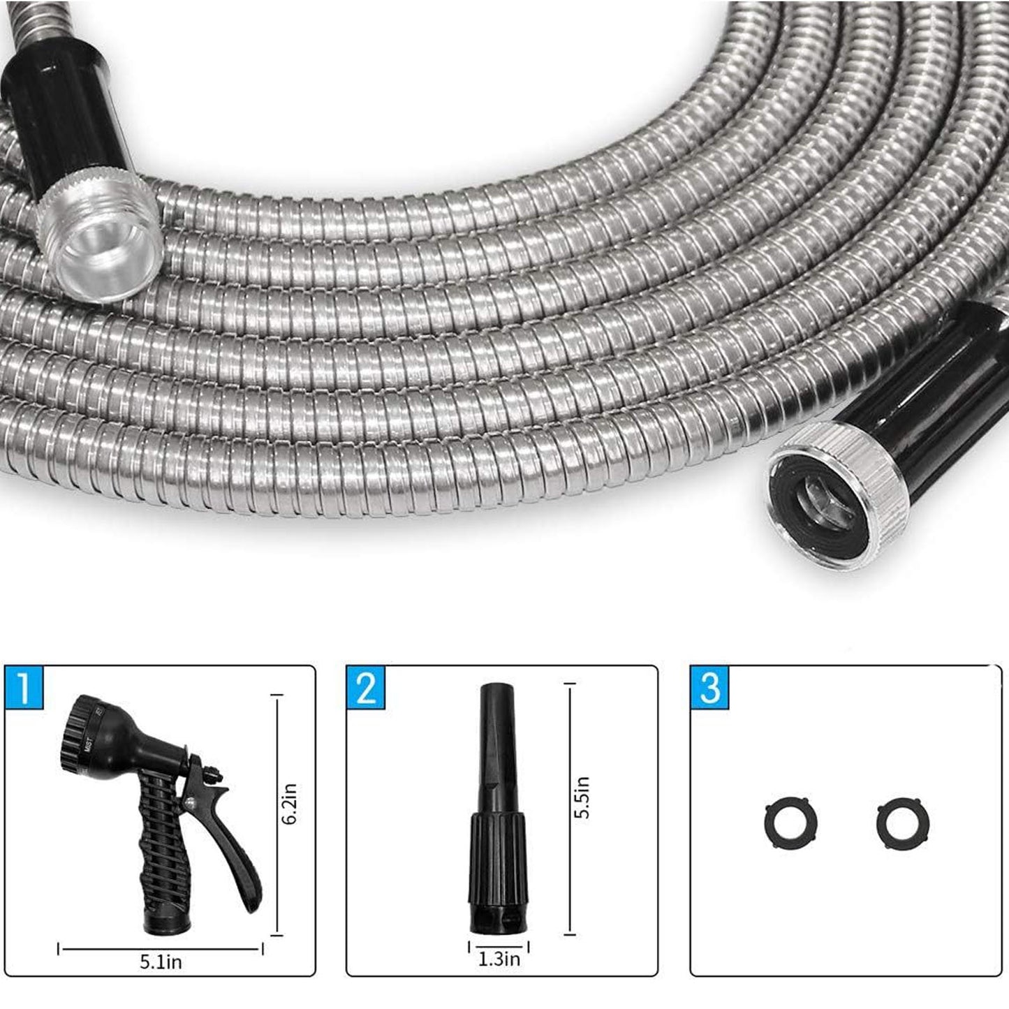50 FT Garden Hose ,304 Stainless Steel Heavy Duty Water Hose with 7 Function Nozzles No-Kink Rust Proof for Yard Outdoor