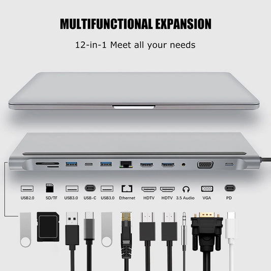 USB C Docking Station 12-in-1 USB C Hub with Dual HD-MI 4K Monitors Ports, 3 USB A Port, 87W PD Charging, TF/SD Card Reader, VGA, RJ45 LAN Port, USB C 3.0 Adapter for PC/Laptop/Phone
