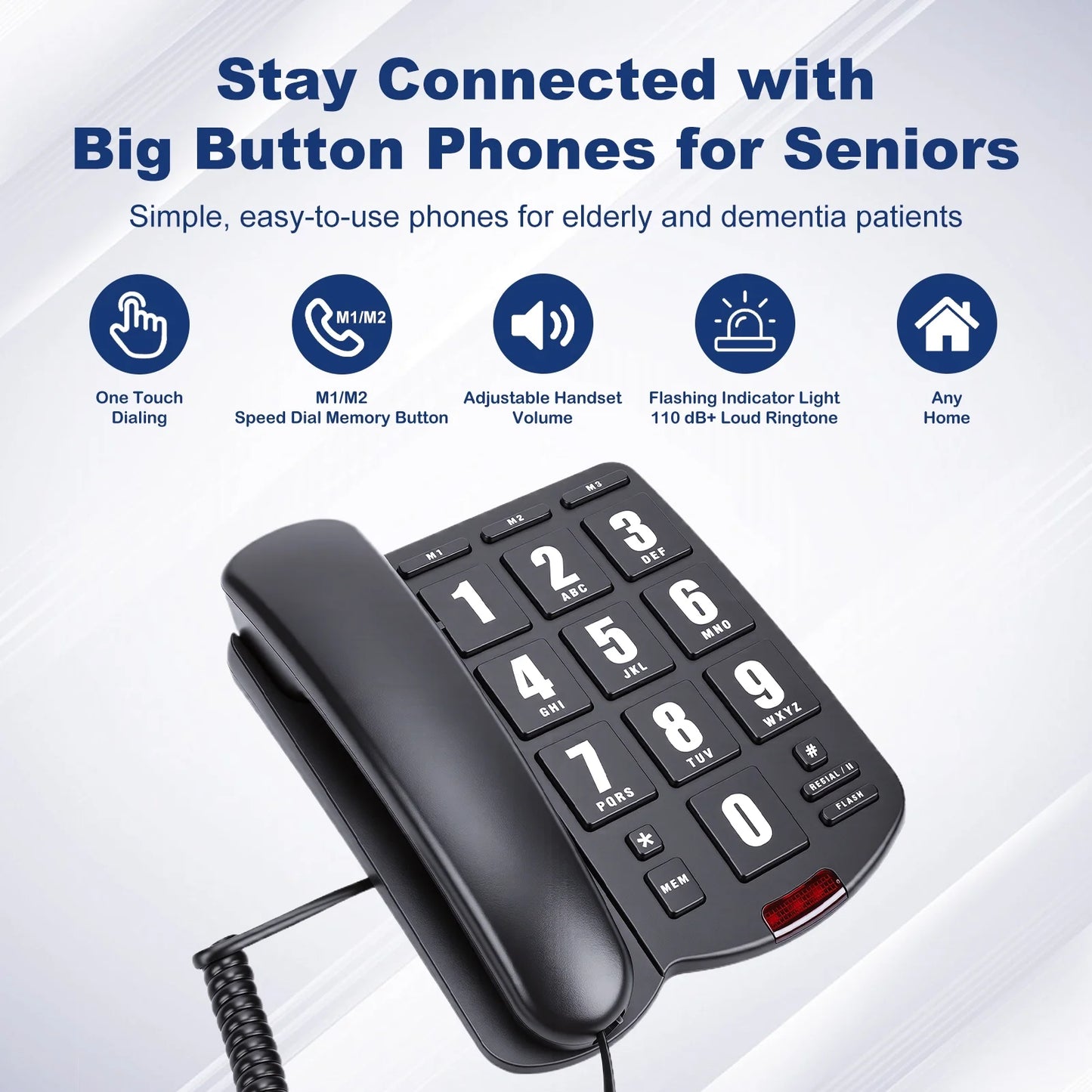 Big Button Phone for Seniors, Corded Landline Telephone for Elderly w/ Visually Disorders/Hearing Damage, Adjustable Volume Large Key Wired Telephone, One-Touch Dialling, Extra Loud Ringer, Black