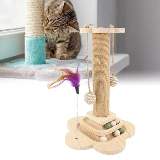 Cat Scratching Post, 3-in-1 Cat Scratcher,with Track Toys With Pendant With Feather Toys