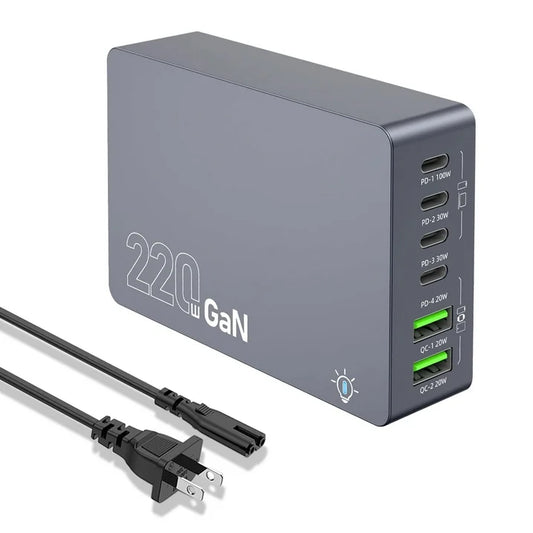 220W Fast USB C Charger, 6 Port QC4.0 Charging Station Hub GaN Charger Block, 65W USB C Laptop Charger Adapter, 100W PD Fast Desktop Charger, Compatible with iPhone, Samsung, Laptop, Gray