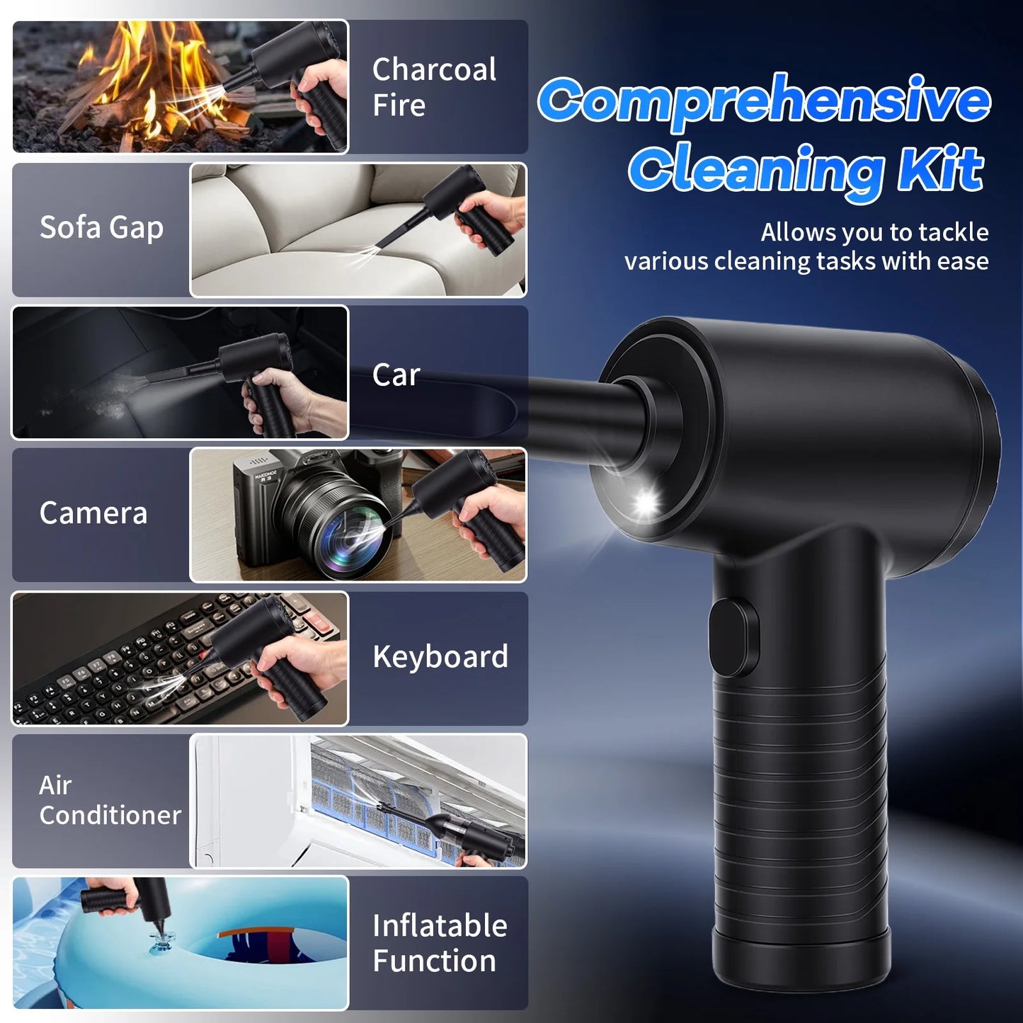Compressed Air Duster 51000RPM 3 Gear Adjustable Multi-use Electric Duster with LED Light Portable Cordless Air Blower for PC Keyboard Cleaning Car Dusters No Canned Cleaner for Home Office, Black