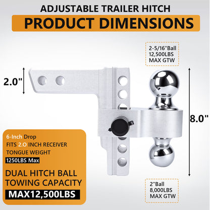 Adjustable Trailer Hitch,Aluminum Drop Hitch Fits 2" Receiver, 6 Inch Drop/Rise, 12,500 LBS GTW Heavy Duty Truck Hitch, (2" & 2-5/16") Chrome Plated Steel Balls - Tow Hitch Ball Mount,Sliver