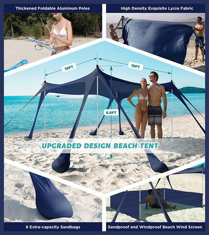 Beach Canopy, Blue Windproof 10x10ft Up Beach Tent Sun Shelter With Carry Bag For Picnics